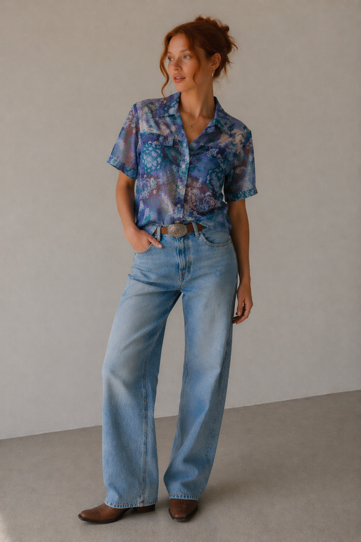 Vintage Sheet Western Shirt | Blue Paisley Bloom | Size Medium