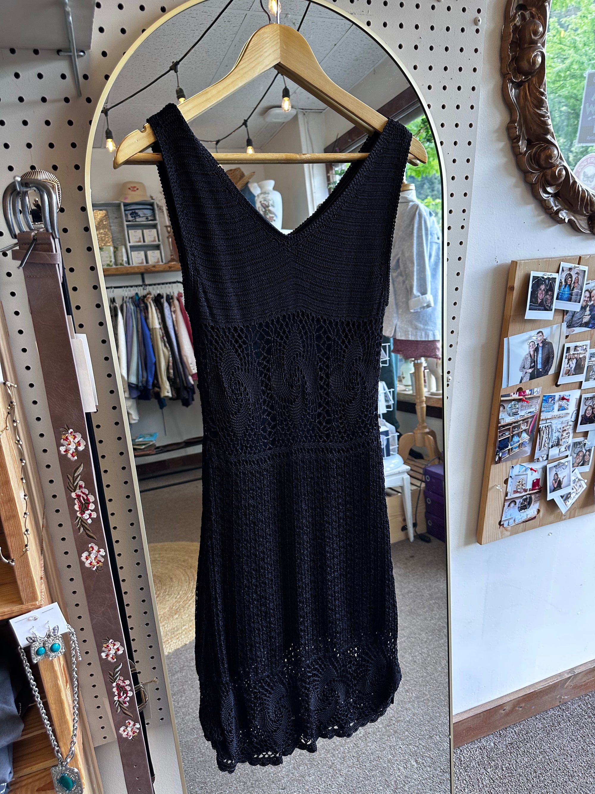 Vintage Black Crochet Midi Dress with Scalloped Hem | Size Small