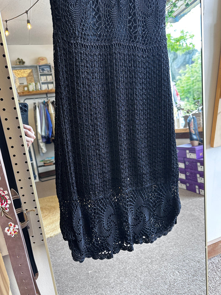Vintage Black Crochet Midi Dress with Scalloped Hem | Size Small