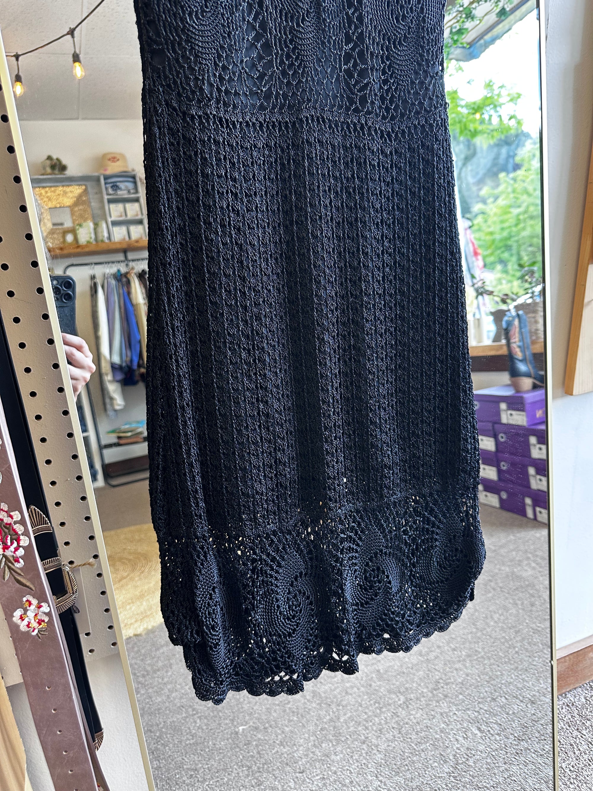 Vintage Black Crochet Midi Dress with Scalloped Hem | Size Small