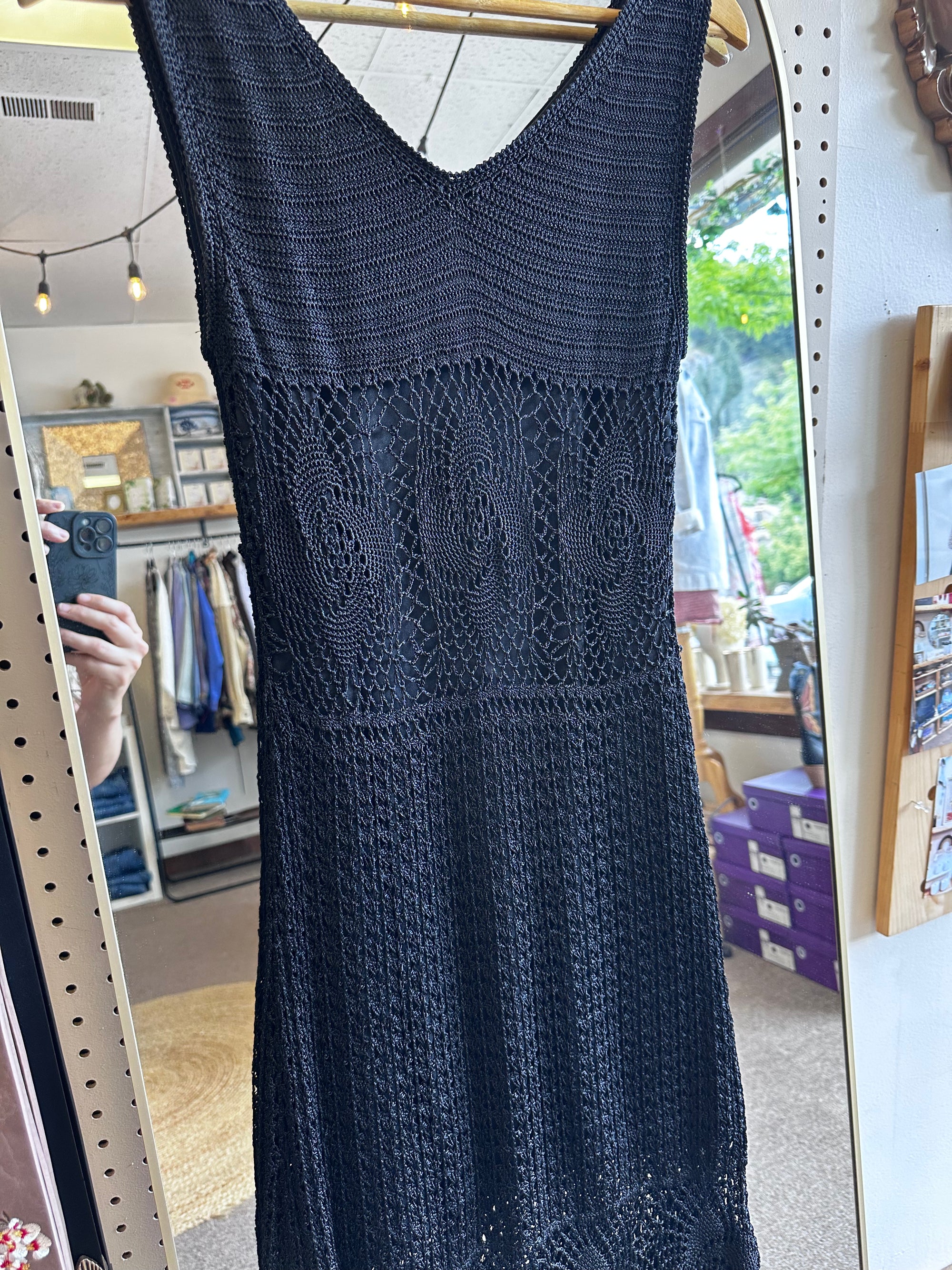 Vintage Black Crochet Midi Dress with Scalloped Hem | Size Small