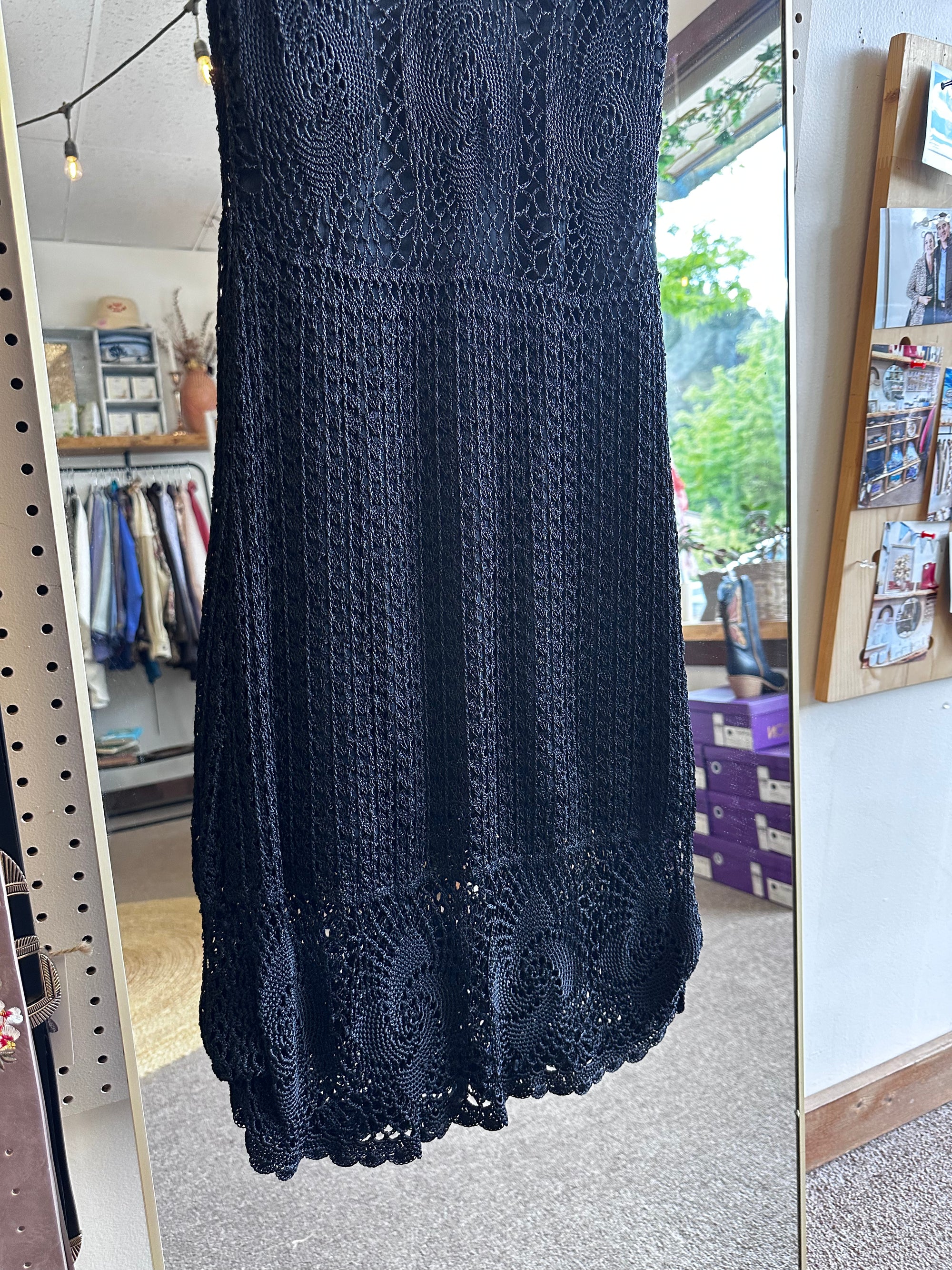 Vintage Black Crochet Midi Dress with Scalloped Hem | Size Small