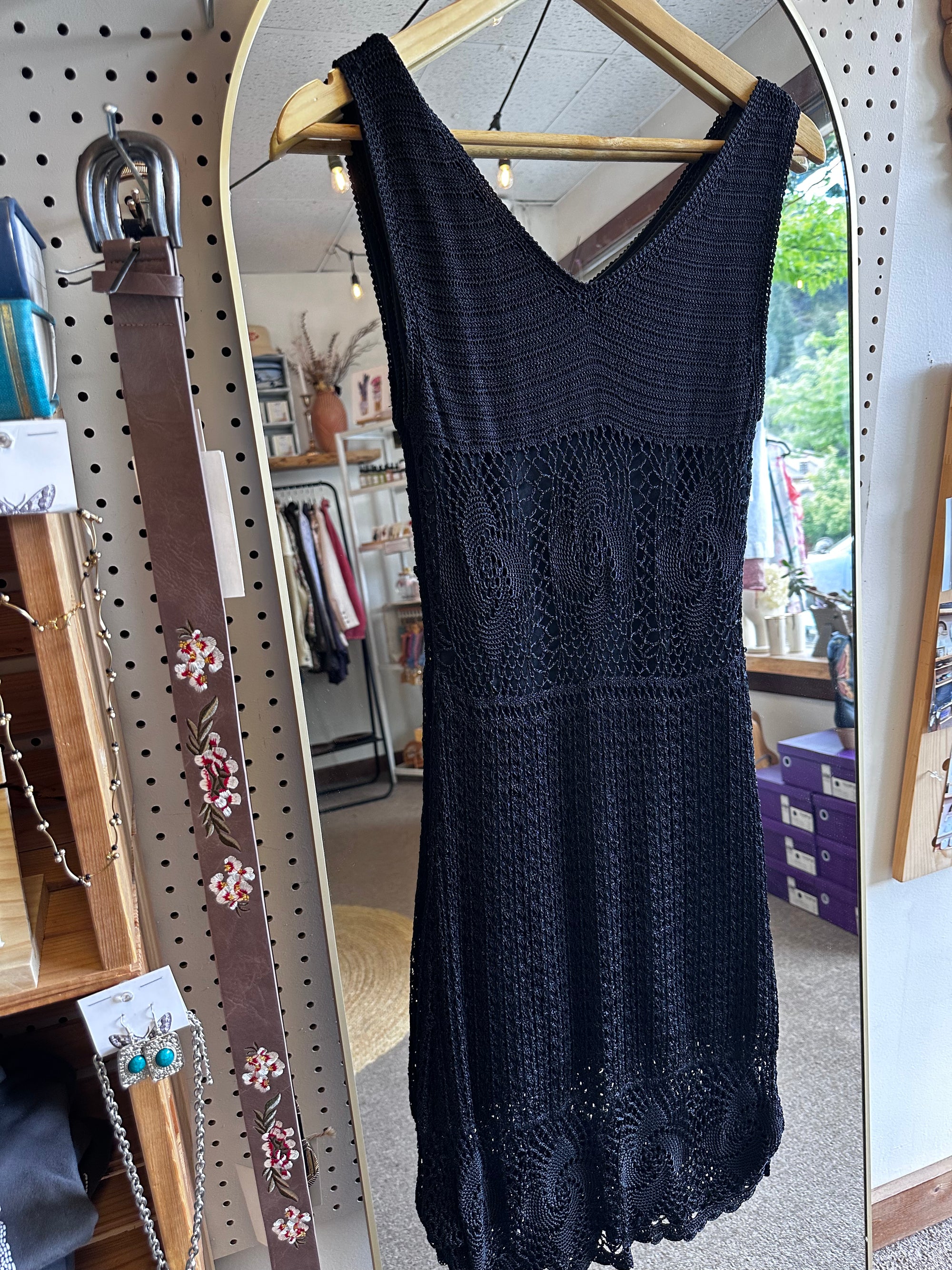 Vintage Black Crochet Midi Dress with Scalloped Hem | Size Small