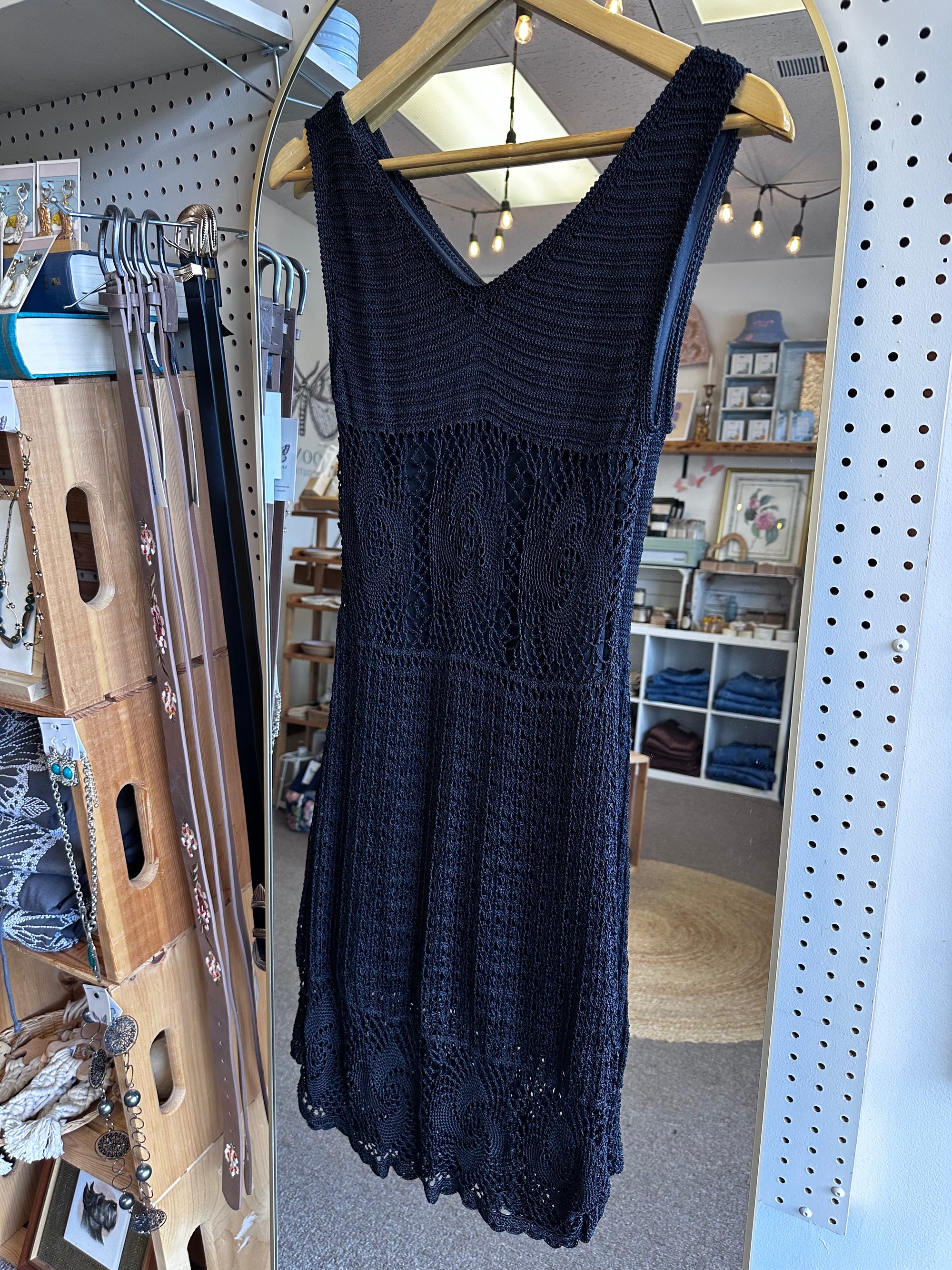 Vintage Black Crochet Midi Dress with Scalloped Hem | Size Small