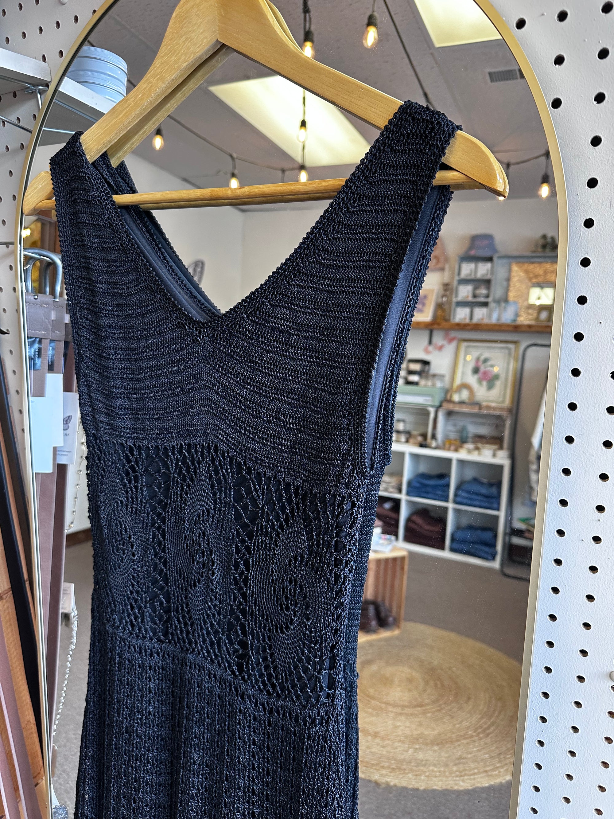 Vintage Black Crochet Midi Dress with Scalloped Hem | Size Small