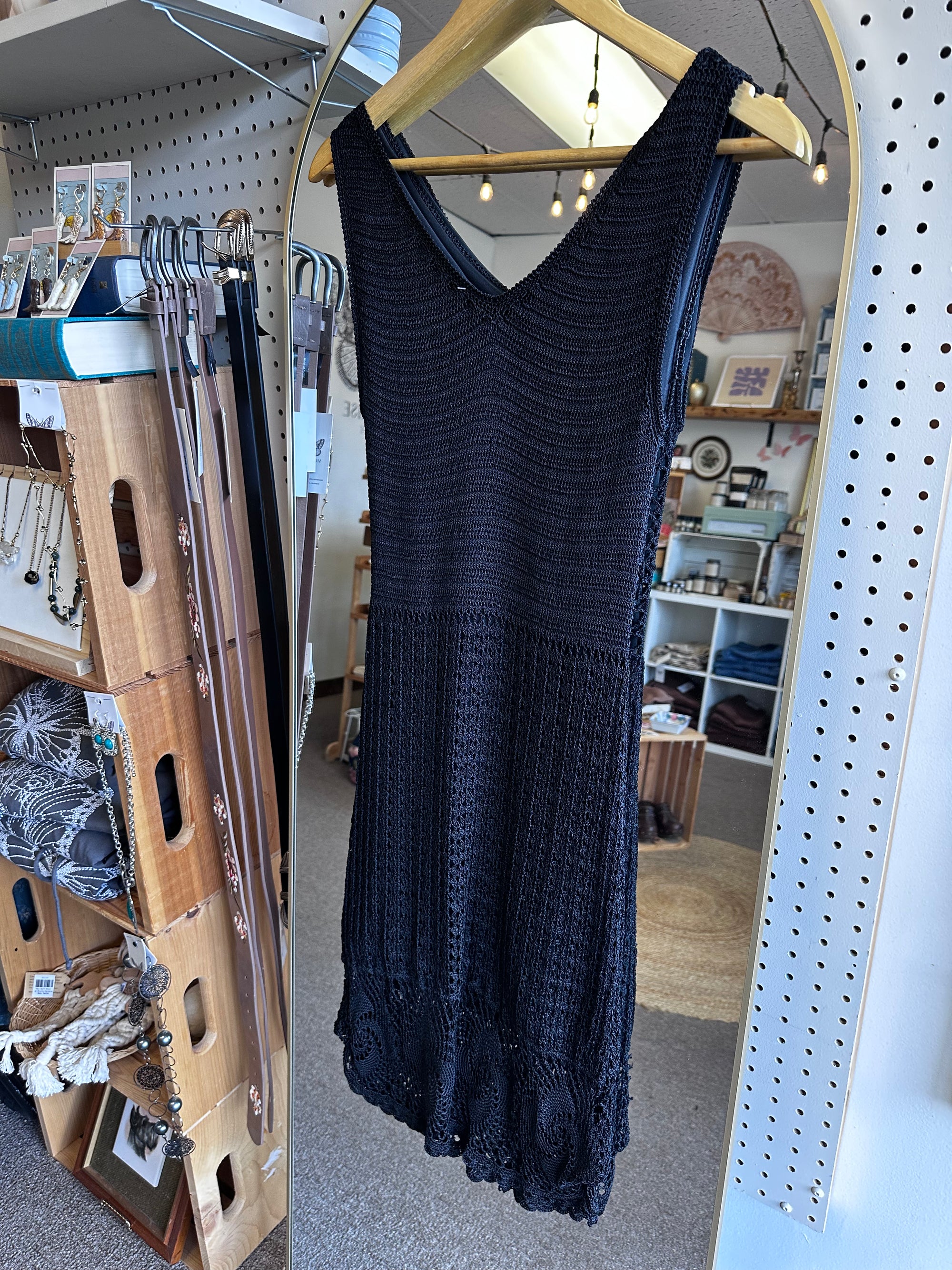 Vintage Black Crochet Midi Dress with Scalloped Hem | Size Small