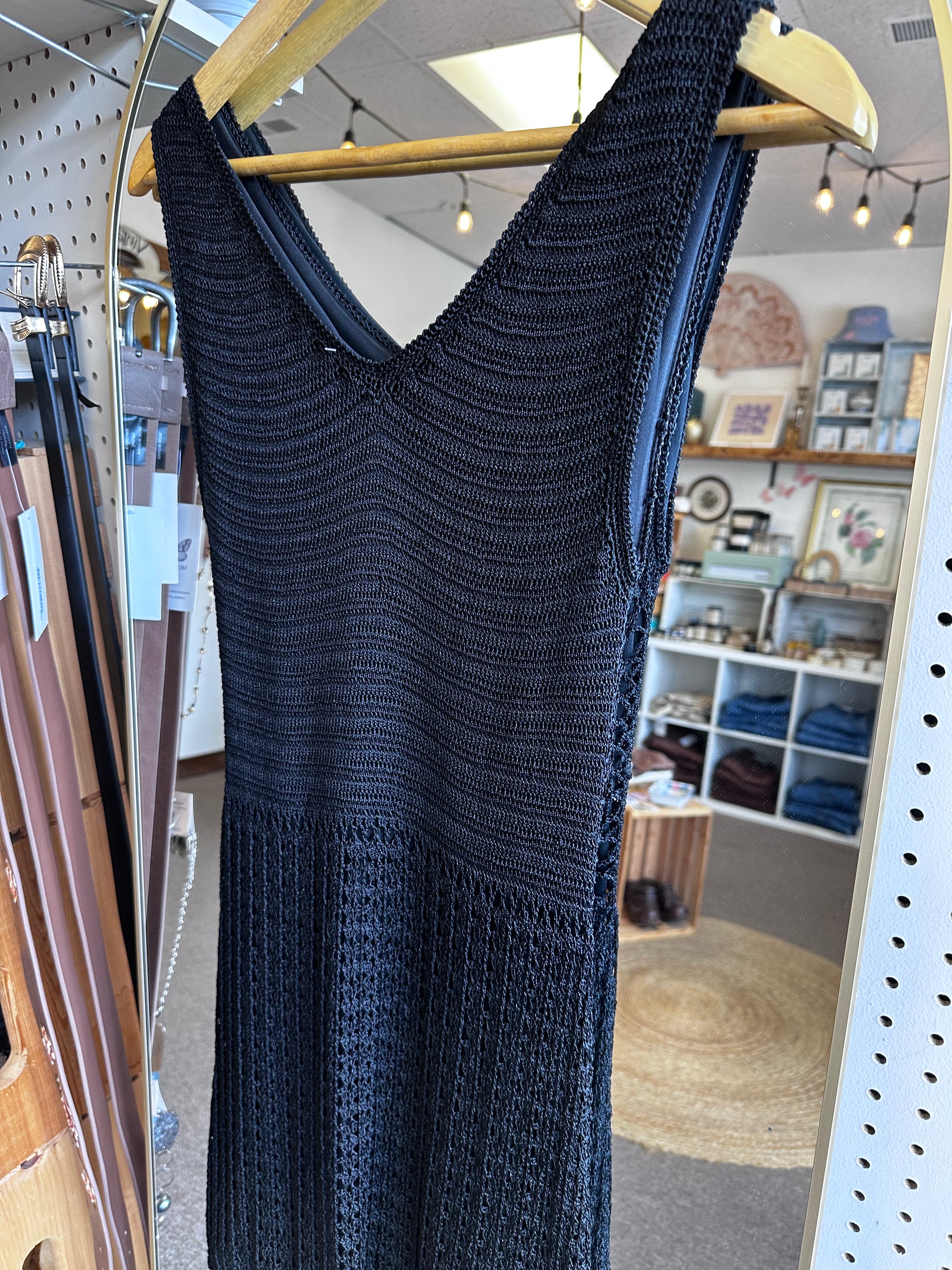 Vintage Black Crochet Midi Dress with Scalloped Hem | Size Small