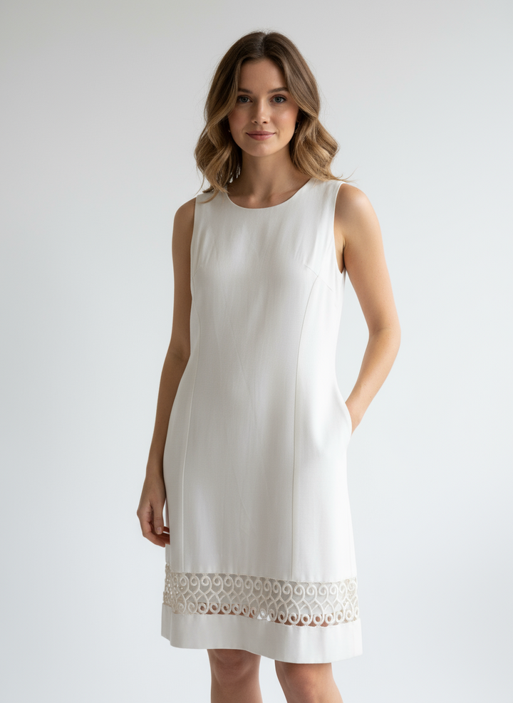 Vintage 60s Cream Shift Dress with Scroll Hem Detail – Size Medium