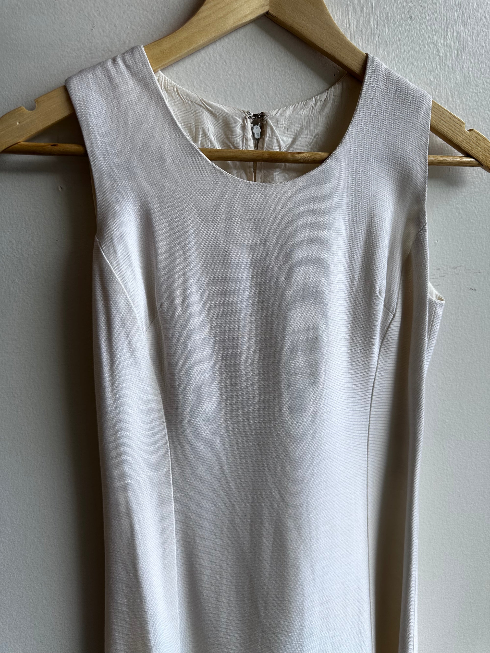 Vintage 60s Cream Shift Dress with Scroll Hem Detail – Size Medium