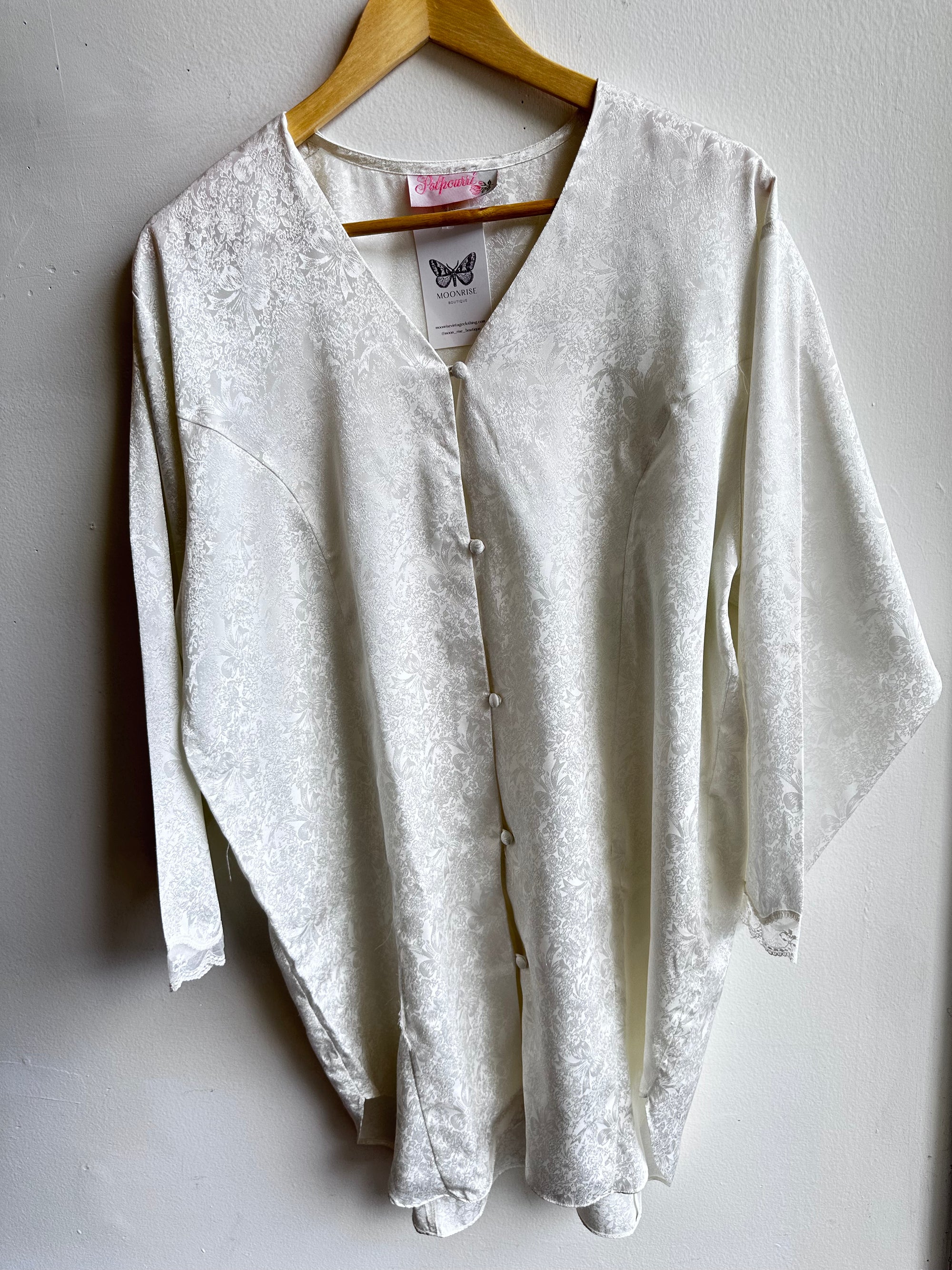 Vintage Shimmery Jacquard Button-Up Blouse – Size Large