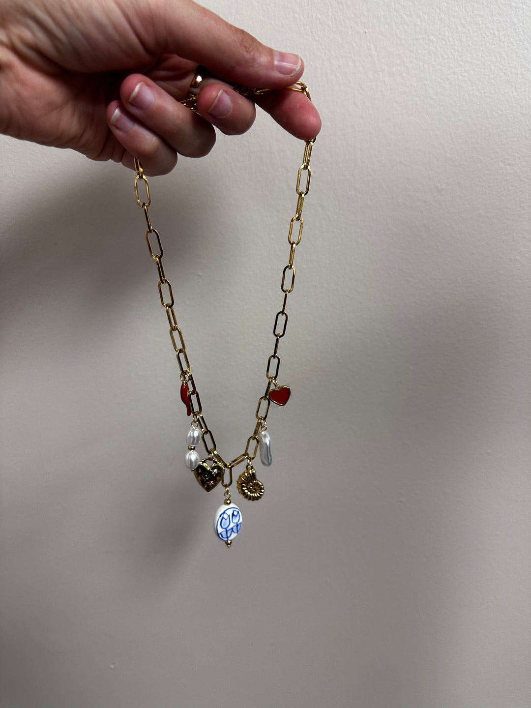 Gold Charm Link Necklace with Hearts, Pearls & Porcelain Bead