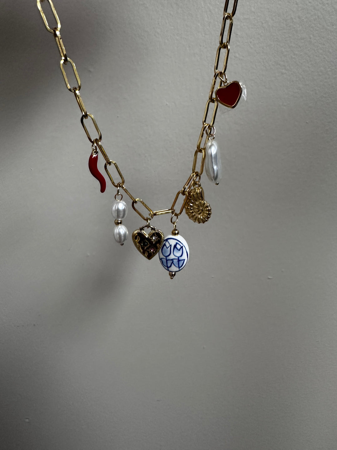 Gold Charm Link Necklace with Hearts, Pearls & Porcelain Bead