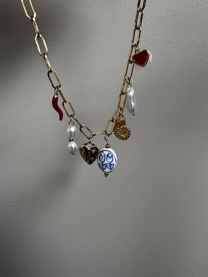 Gold Charm Link Necklace with Hearts, Pearls & Porcelain Bead