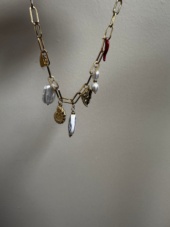 Gold Charm Link Necklace with Hearts, Pearls & Porcelain Bead