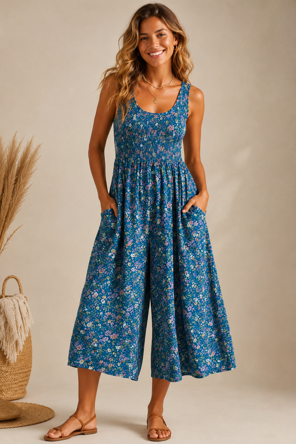 Teal Floral Smocked Capri Romper