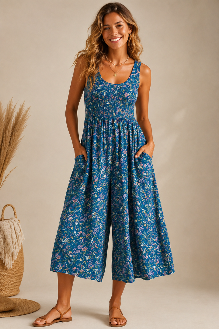 Teal Floral Smocked Capri Romper