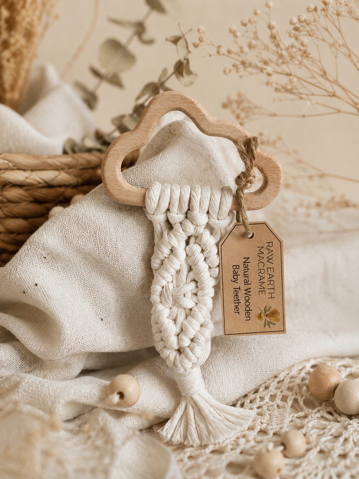 Raw Earth Handmade Cloud Wooden Macrame Teether