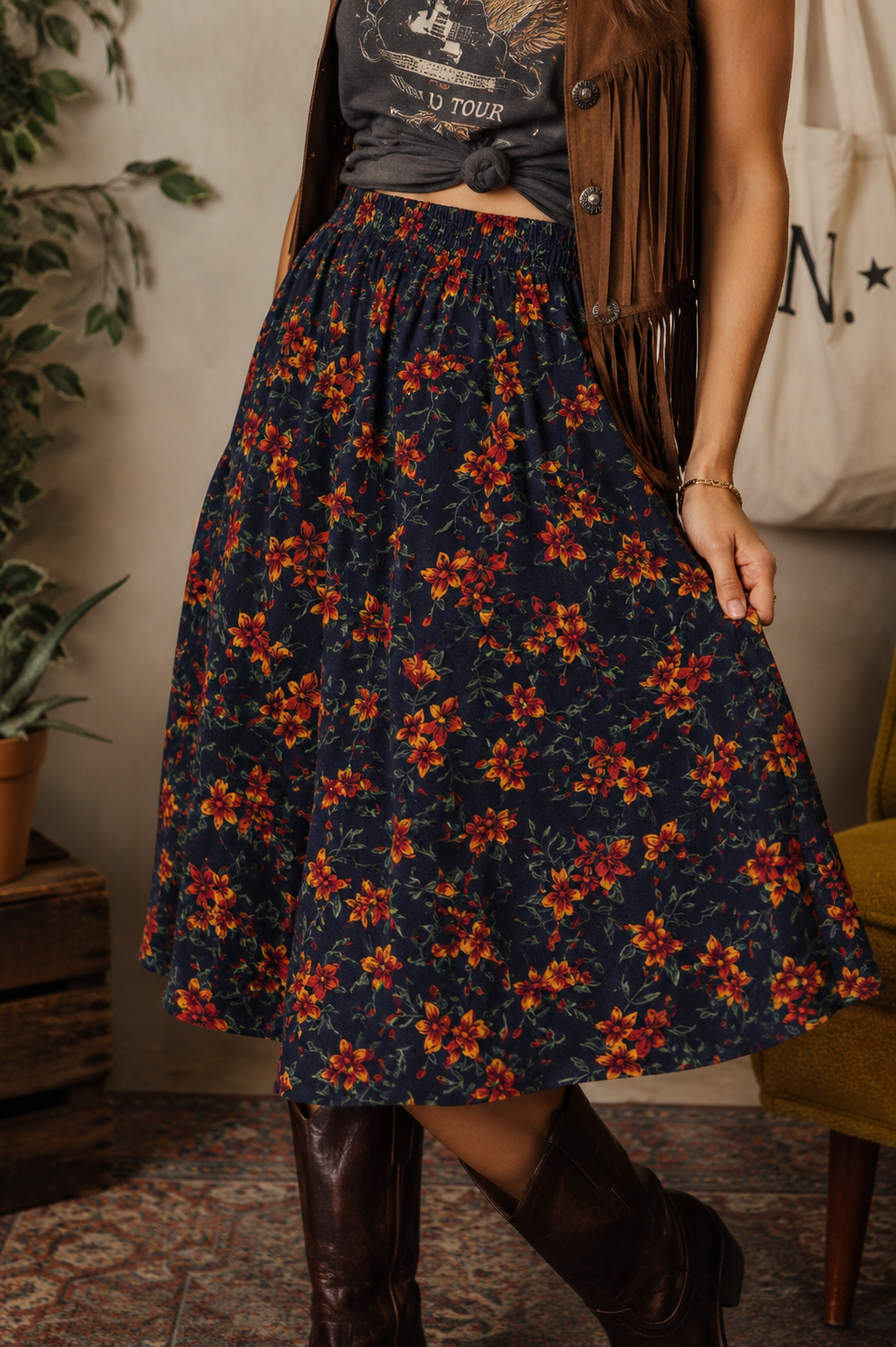 Autumn Bloom Vintage Midi Skirt