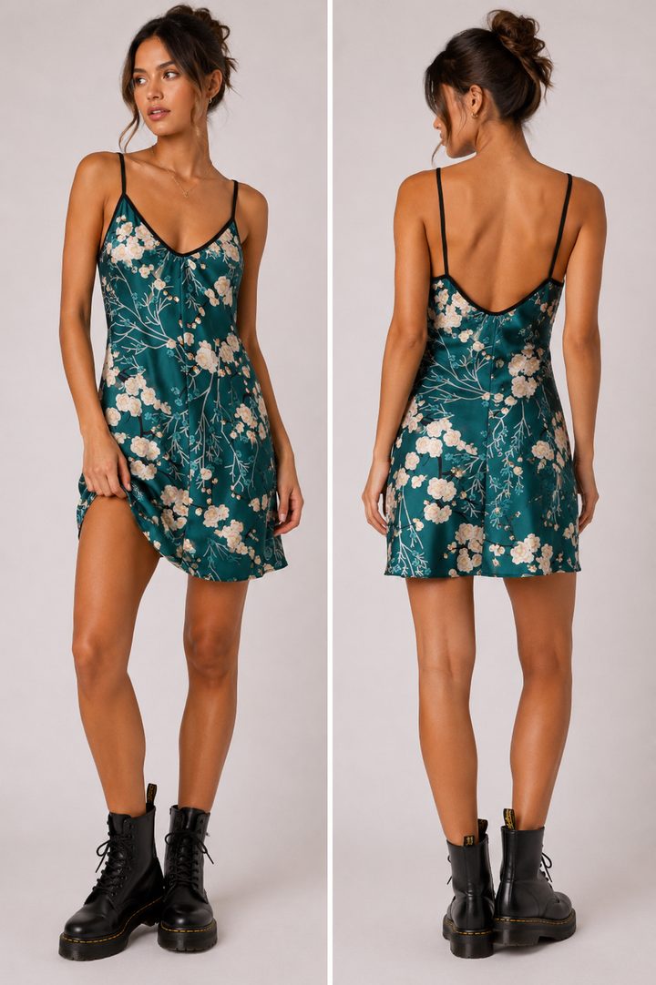 Emerald Blossom Satin Slip Dress