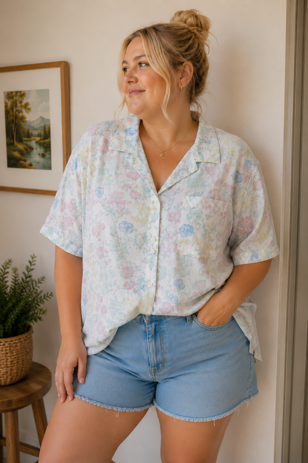 Vintage Pastel Garden Button-Up Blouse