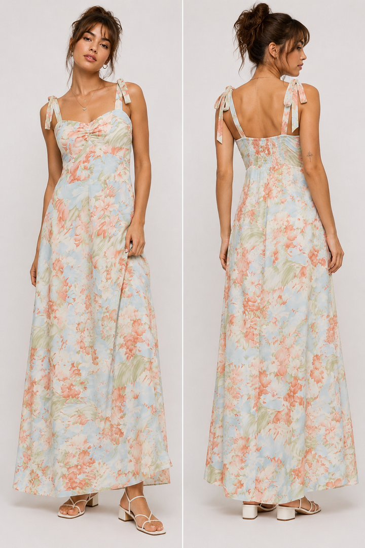 Pastel Floral Tie Strap Maxi Dress