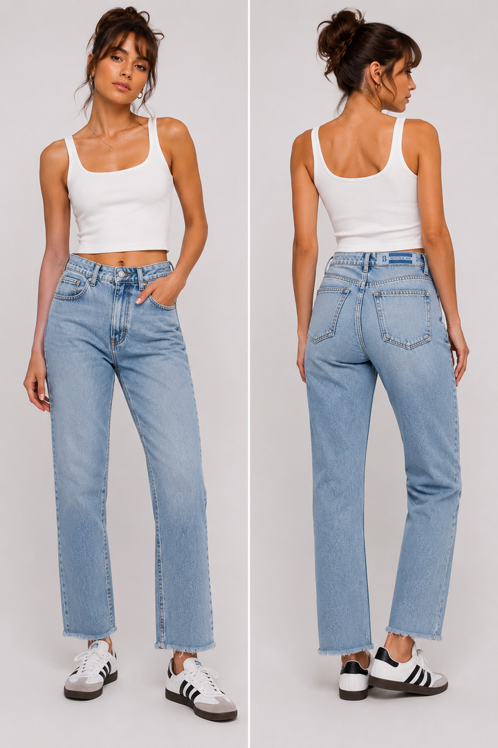 Classic Blue Raw Hem Mom Jeans