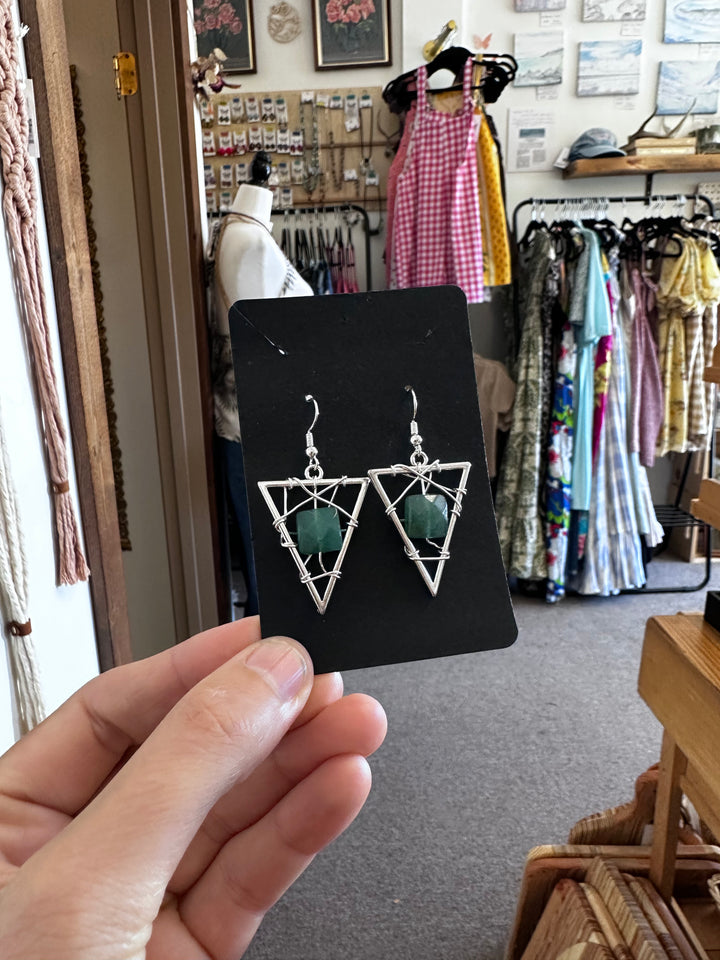 Sterling Silver Green Aventurine Triangle Earrings