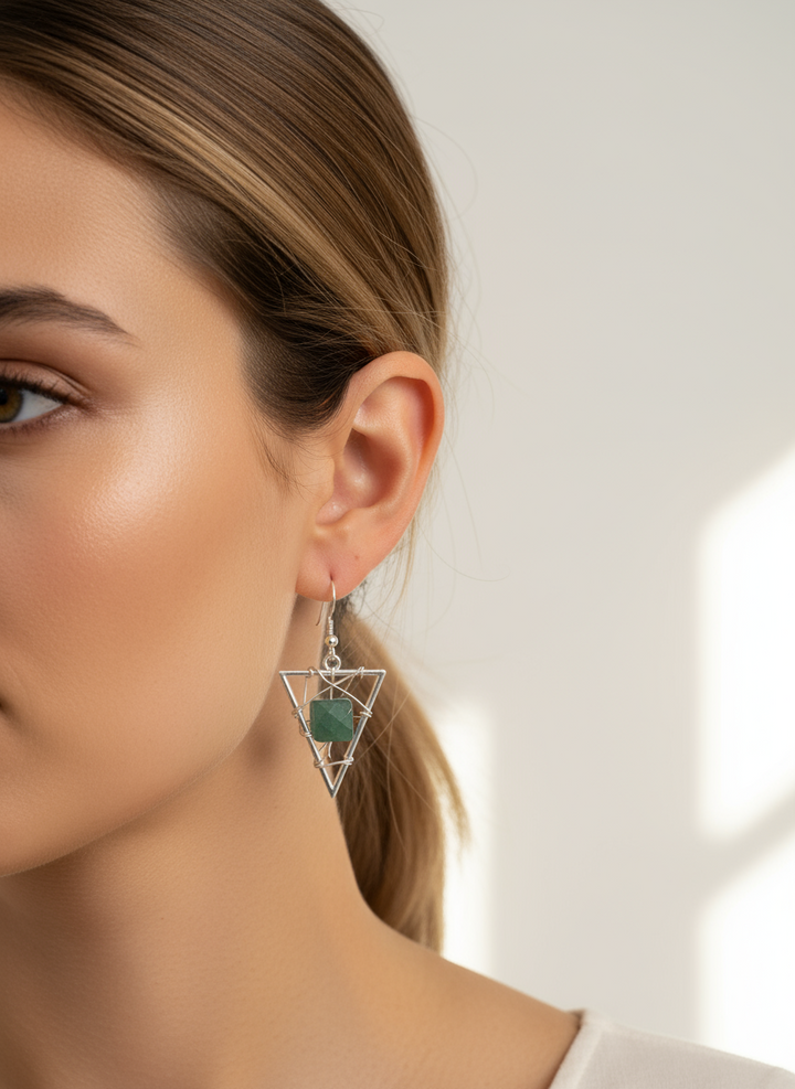 Sterling Silver Green Aventurine Triangle Earrings