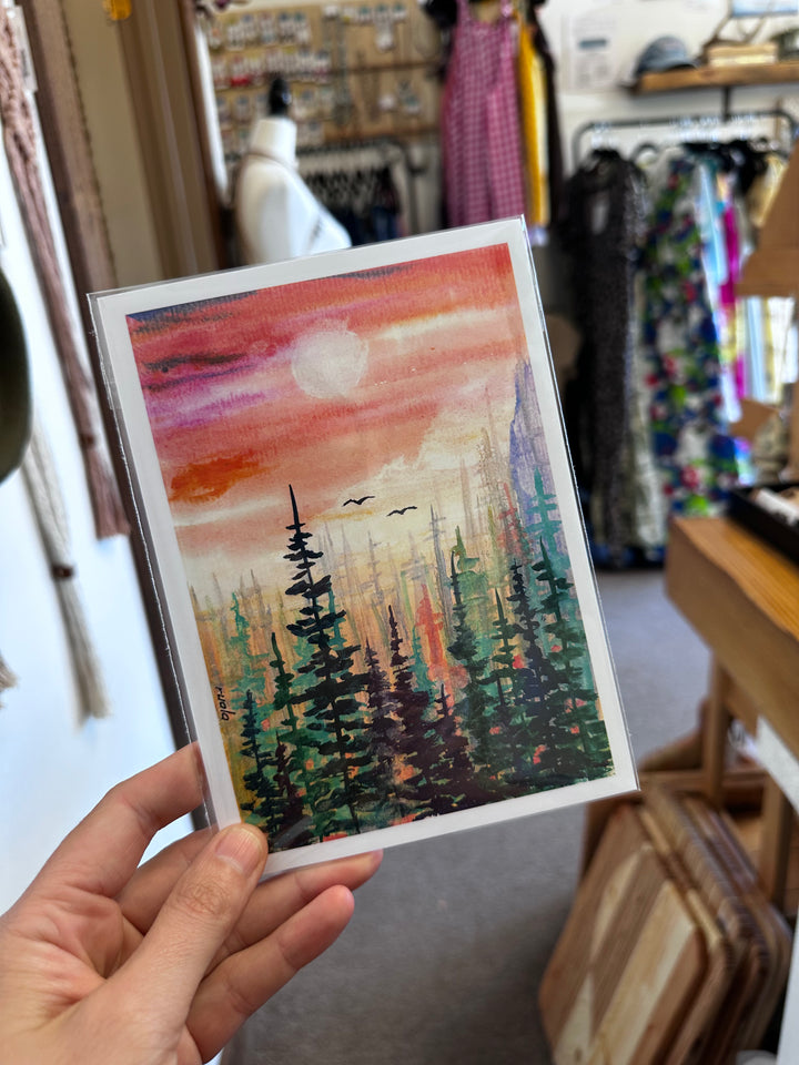 Sunset Through the Pines – Art Card by Ruala (Fruitvale, BC)