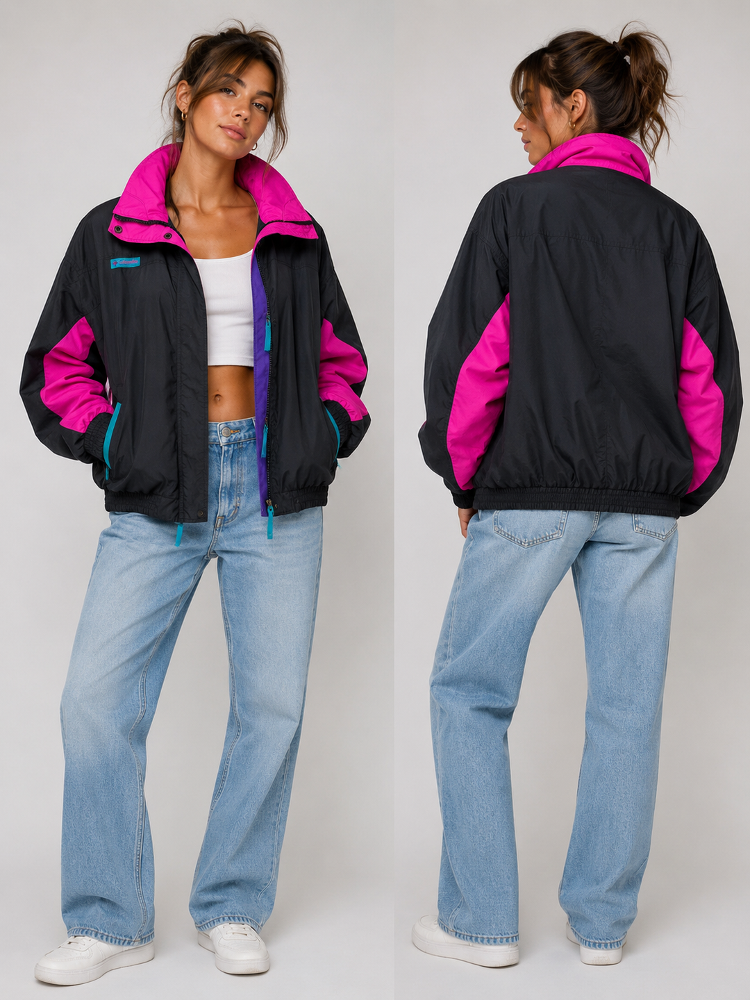 Vintage Columbia Black + Hot Pink Windbreaker Jacket