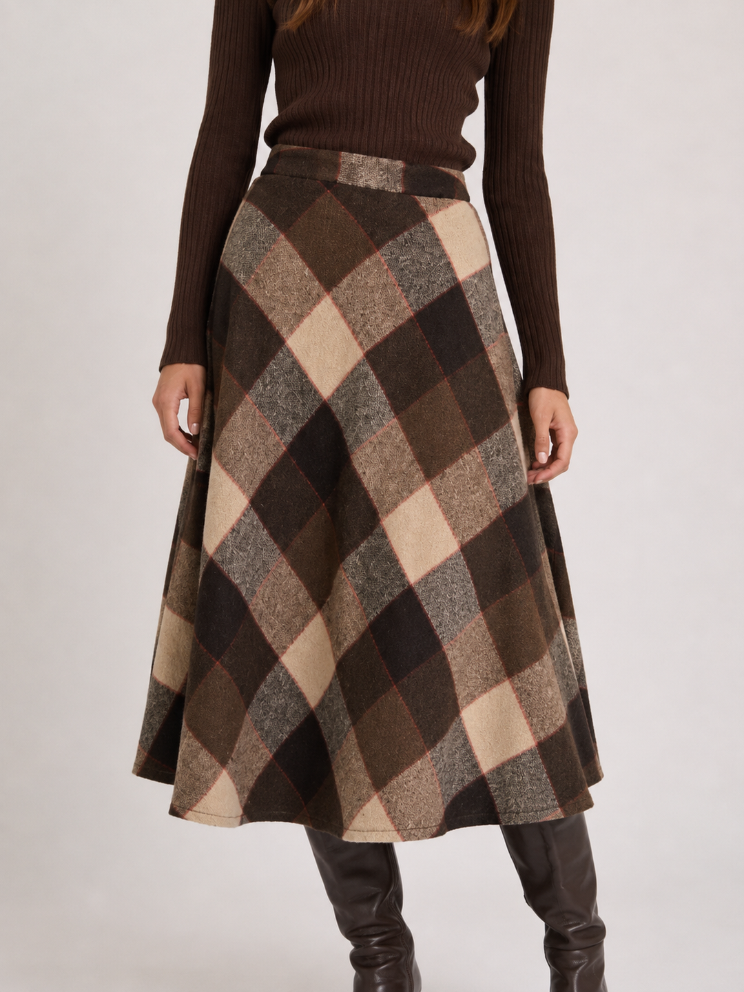 Vintage Plaid Wool Blend Midi Skirt