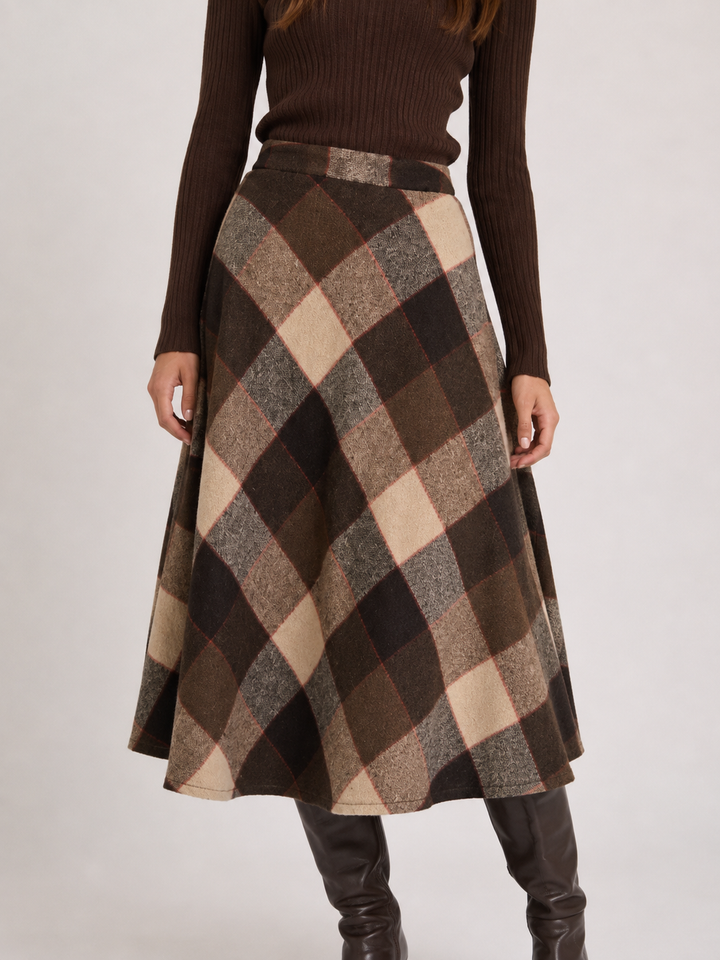 Vintage Plaid Wool Blend Midi Skirt