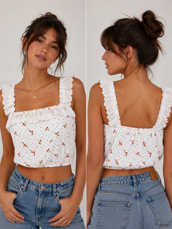 Cherry Eyelet Ruffle Crop Top