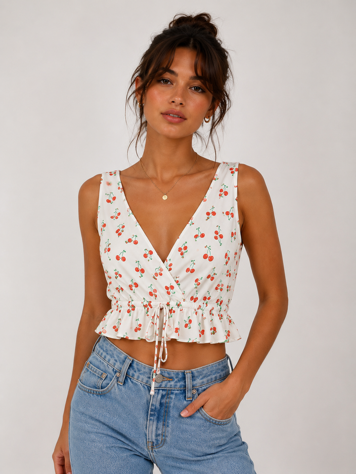 Cherry Print Drawstring Peplum Crop Top