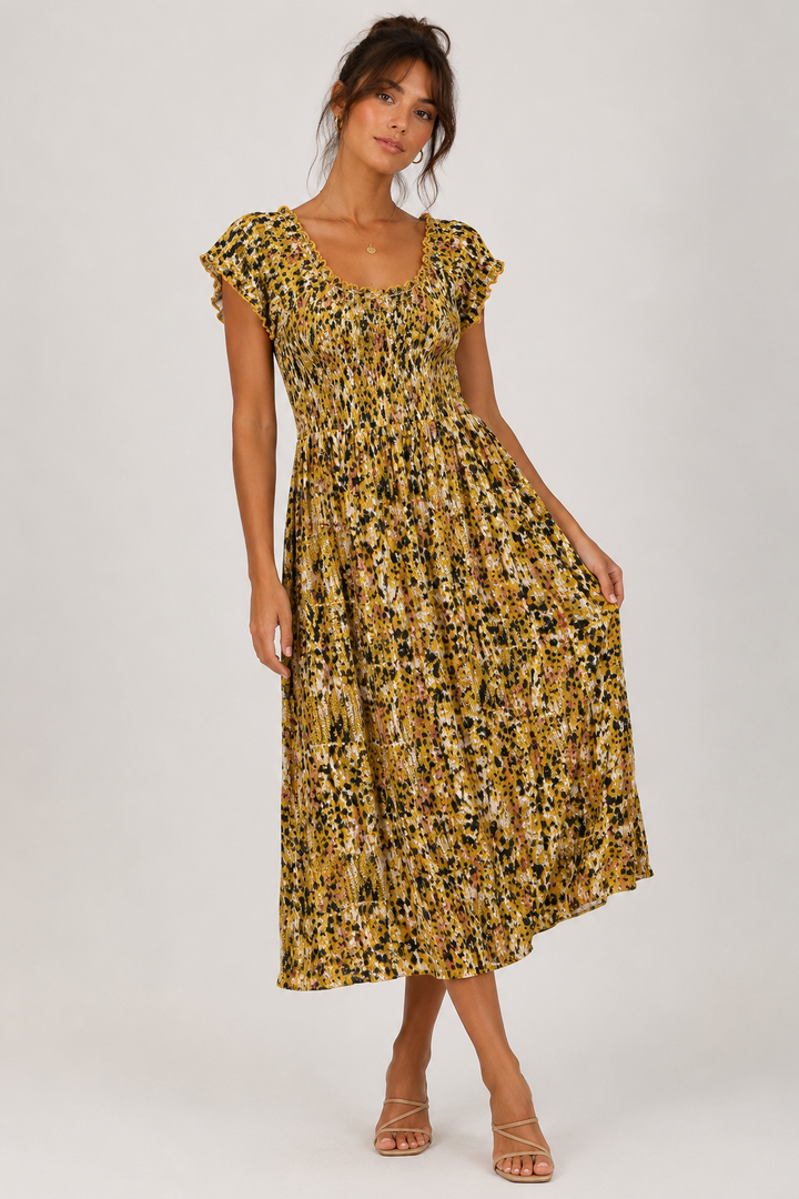 Mustard Floral Smocked Midi Dress