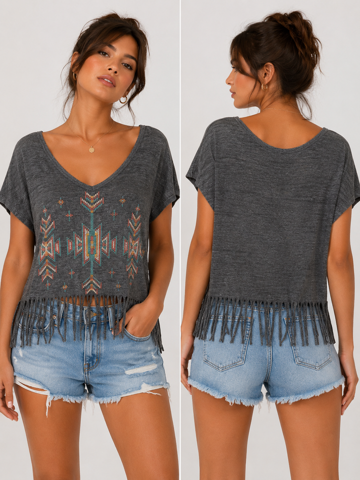 Southwestern Fringe V-Neck Tee