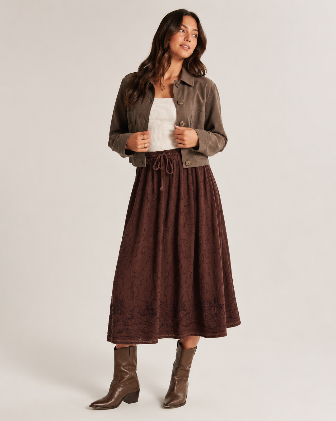 Brown Embroidered Rayon Midi Skirt