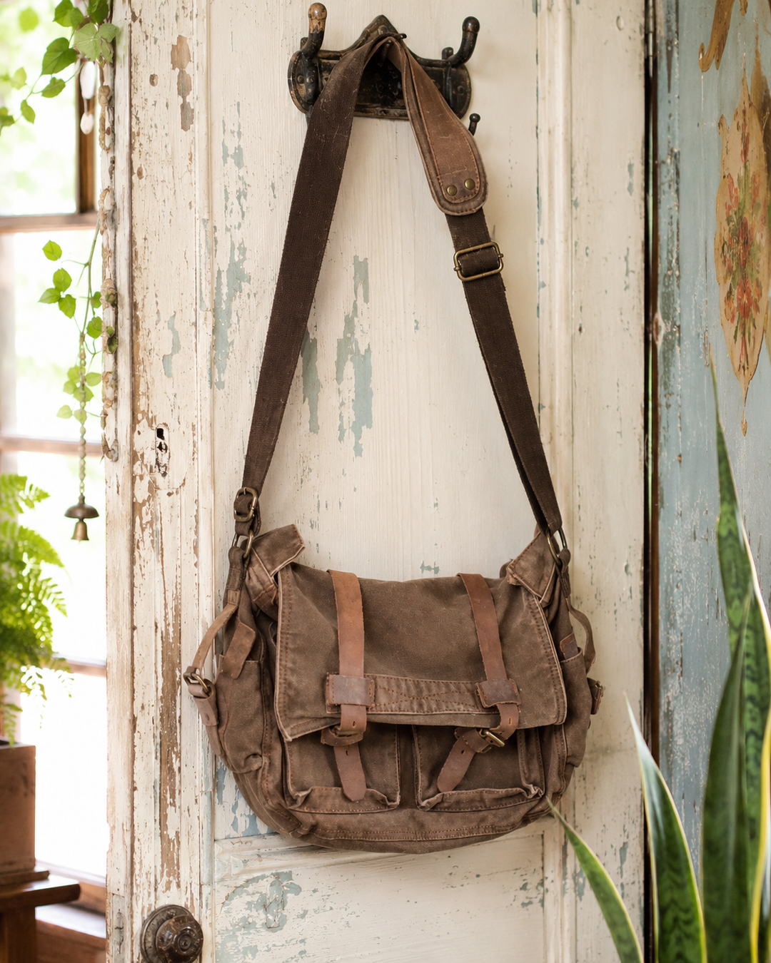Distressed Canvas + Leather Messenger Bag