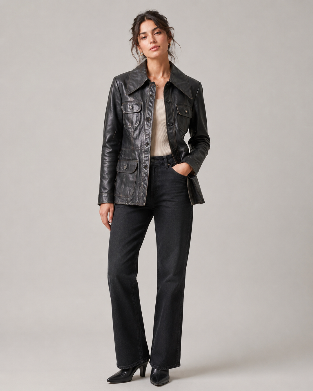 Vintage Black Leather Utility Jacket