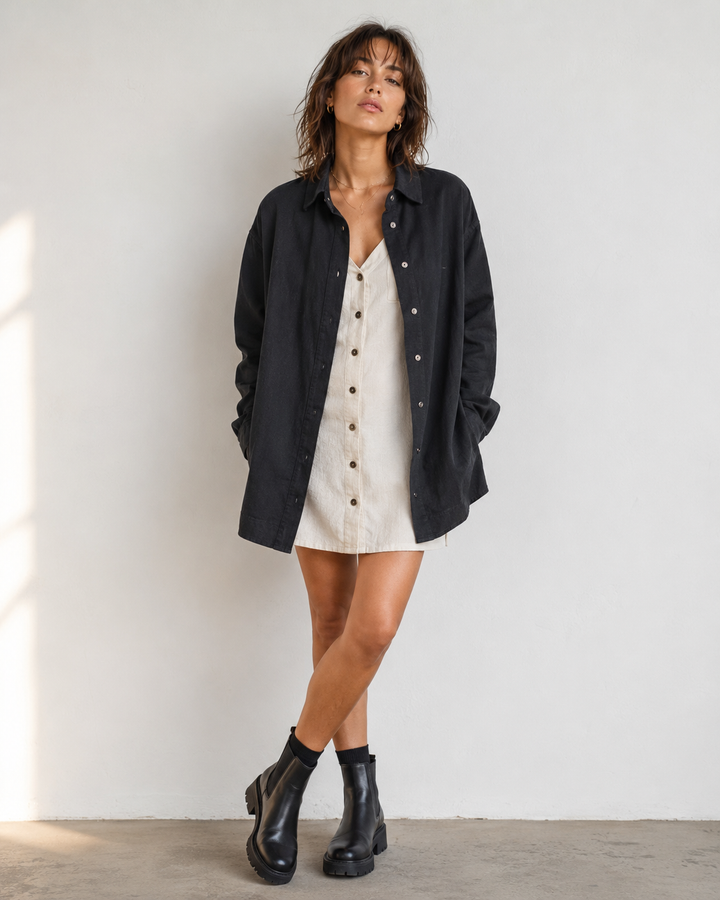Black Linen+Cotton Blend Button Up