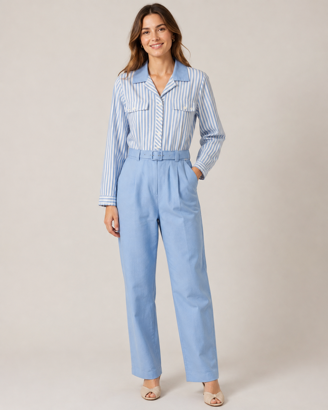 Vintage Blue Striped Belted Jumpsuit