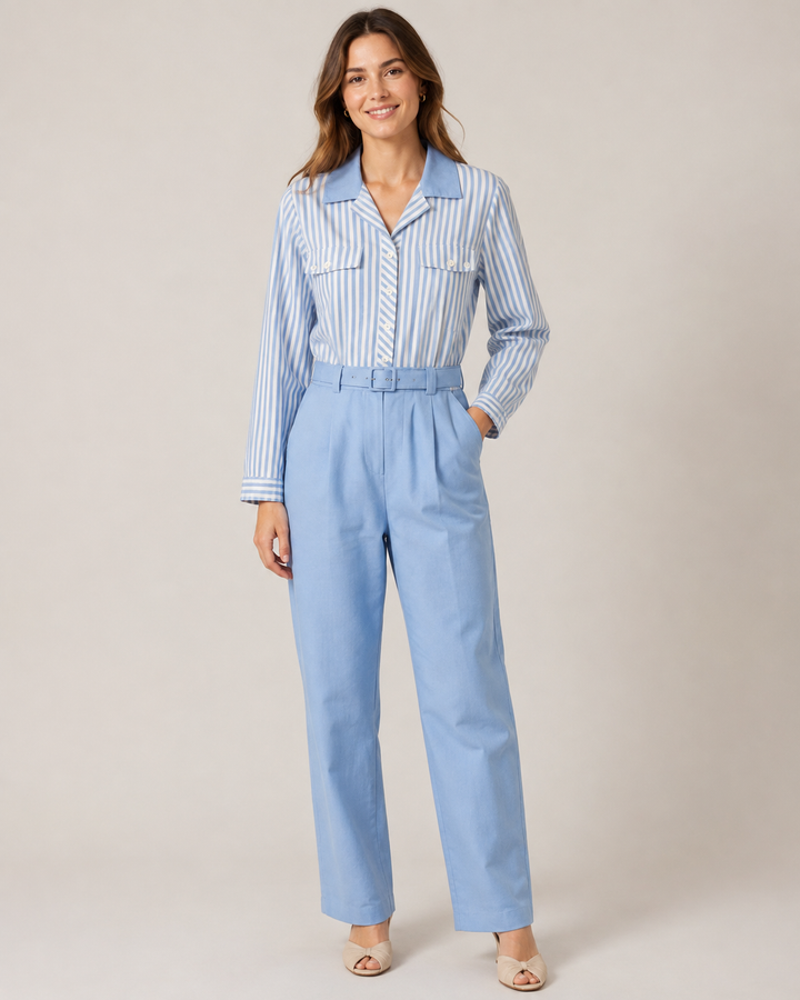 Vintage Blue Striped Belted Jumpsuit