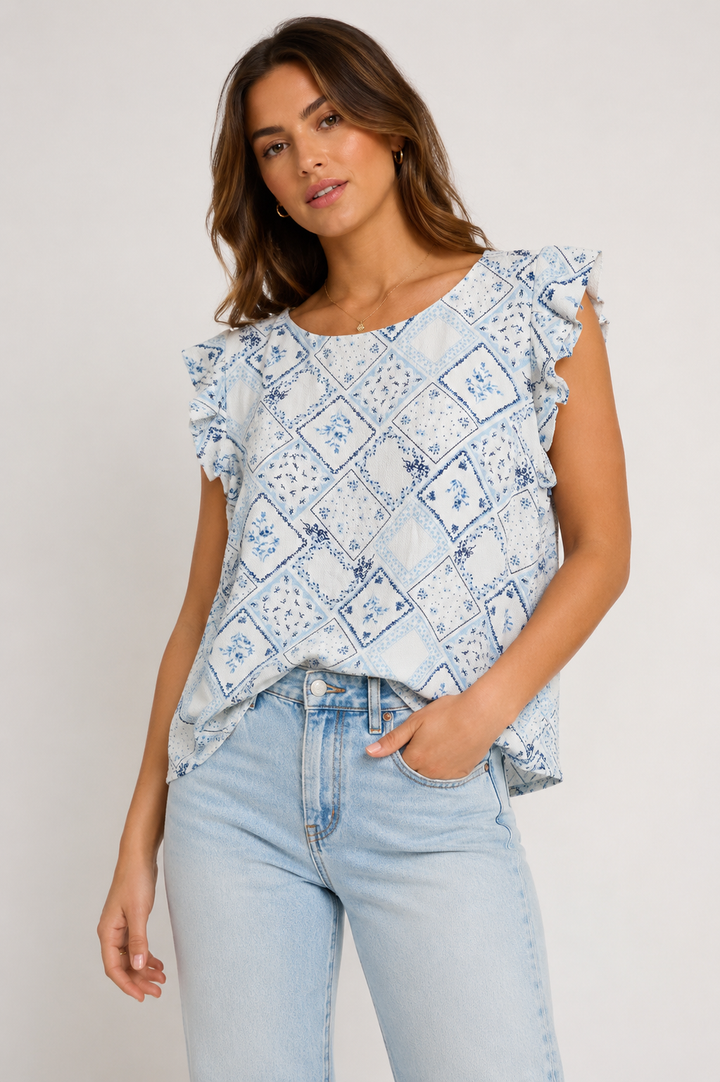 Blue Floral Ruffle Blouse