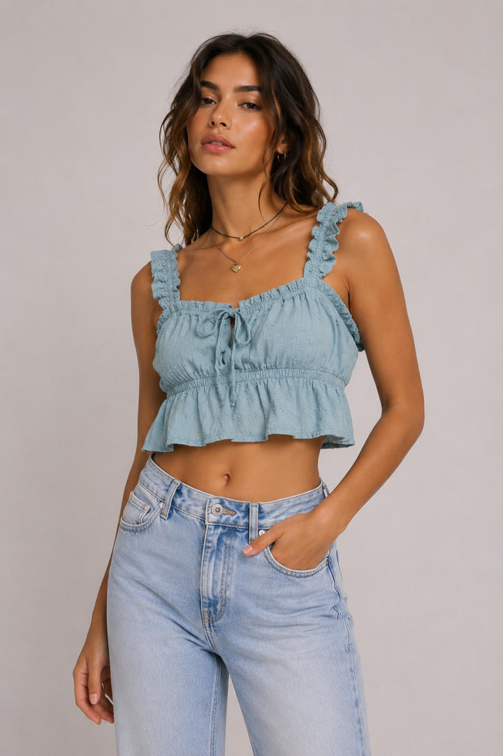 Sage Eyelet Ruffle Crop Top