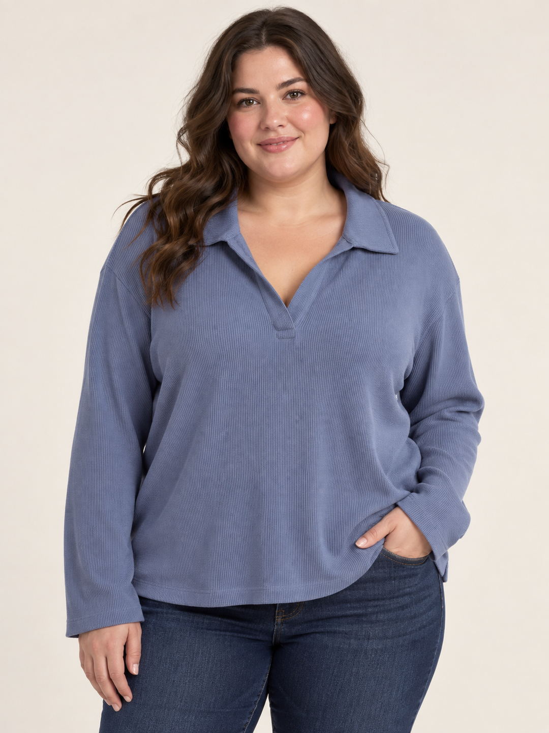 Roots Blue Ribbed Collared Long Sleeve