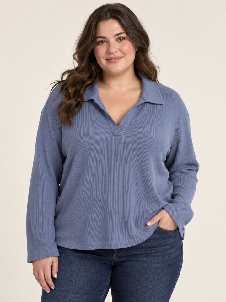 Roots Blue Ribbed Collared Long Sleeve