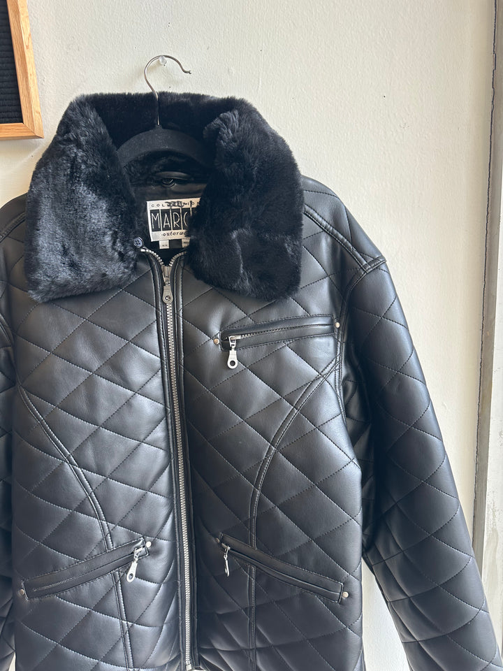 Vintage Marco Quilted Black Faux Leather Jacket with Faux Fur Collar | Size Medium
