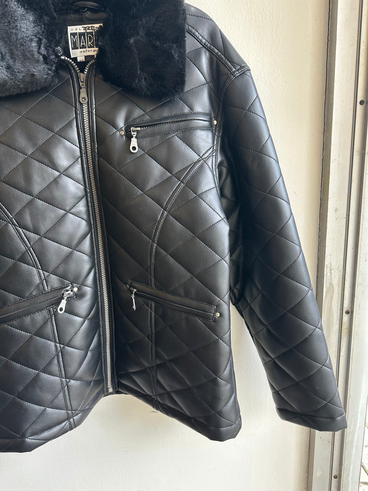 Vintage Marco Quilted Black Faux Leather Jacket with Faux Fur Collar | Size Medium