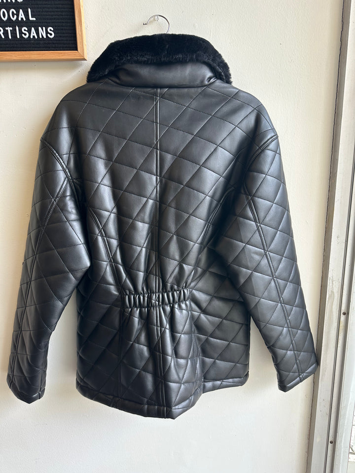 Vintage Marco Quilted Black Faux Leather Jacket with Faux Fur Collar | Size Medium