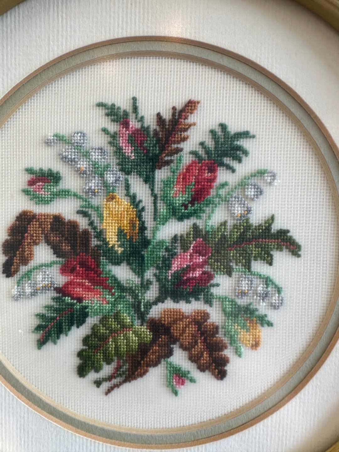 Vintage Round Framed Floral Embroidery Wall Art